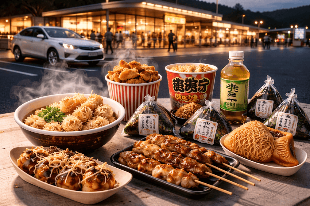 ของกินใน Service Area ญี่ปุ่น อาหารญี่ปุ่นหลากหลายเมนูในจุดพักรถญี่ปุ่น เช่น ทาโกะยากิ ยากิโทริ ไก่ทอด โอนิกิริ และชาเขียว