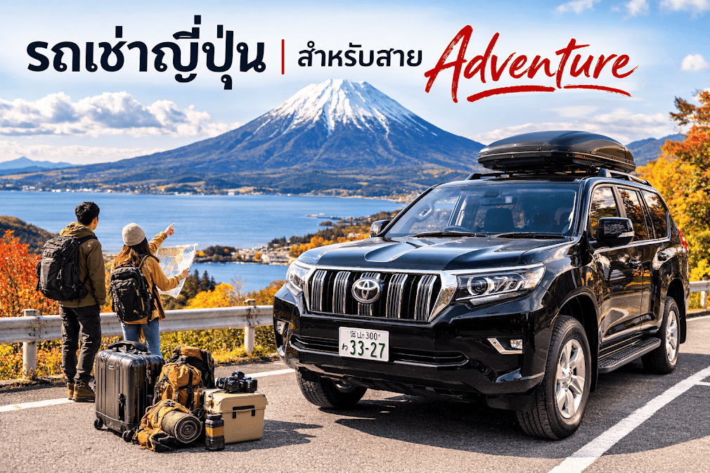นักท่องเที่ยวสองคนยืนชมวิวภูเขาไฟฟูจิริมทะเลสาบ พร้อมรถ SUV สำหรับ Road Trip และอุปกรณ์เดินทางด้านหน้า สื่อถึงการเดินทางท่องเที่ยวธรรมชาติด้วย รถเช่าญี่ปุ่น สำหรับสาย Adventure ที่ต้องการขับรถสำรวจภูเขาและสถานที่ท่องเที่ยวสวย ๆ ในญี่ปุ่น.