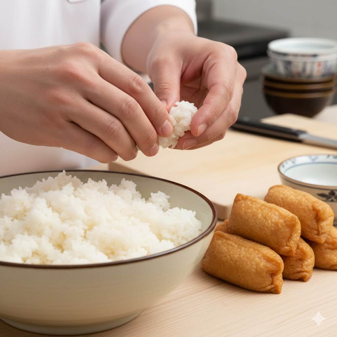 sushi ญี่ปุ่นมีกี่ประเภท ภาพขั้นตอนการทำอินาริซูชิ (Inari Sushi) มือกำลังปั้นข้าวซูชิข้างชามข้าวญี่ปุ่น พร้อมเต้าหู้ทอดสำหรับห่อข้าว วางบนโต๊ะไม้ในบรรยากาศครัวญี่ปุ่น