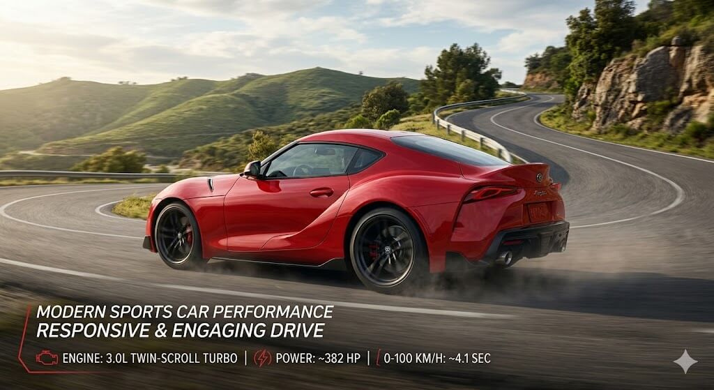 รถสปอร์ตสีแดง Toyota GR Supra กำลังเข้าโค้งบนถนนภูเขา มีฝุ่นลอยจากล้อหลัง แสดงสมรรถนะการขับขี่แบบสปอร์ต พร้อมข้อความโปรโมต “Modern sports car performance” และสเปกเครื่องยนต์ 3.0L เทอร์โบ 382 แรงม้า — supra แรงไหม