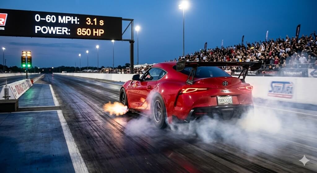 รถสปอร์ต Toyota GR Supra สีแดงแต่งซิ่งกำลังออกตัวในสนามแดร็ก มีควันยางและเปลวไฟจากท่อไอเสีย ผู้ชมเต็มอัฒจันทร์ พร้อมป้ายแสดงสถิติ 0-60 mph ใน 3.1 วินาที และกำลัง 850 แรงม้า — supra แรงไหม