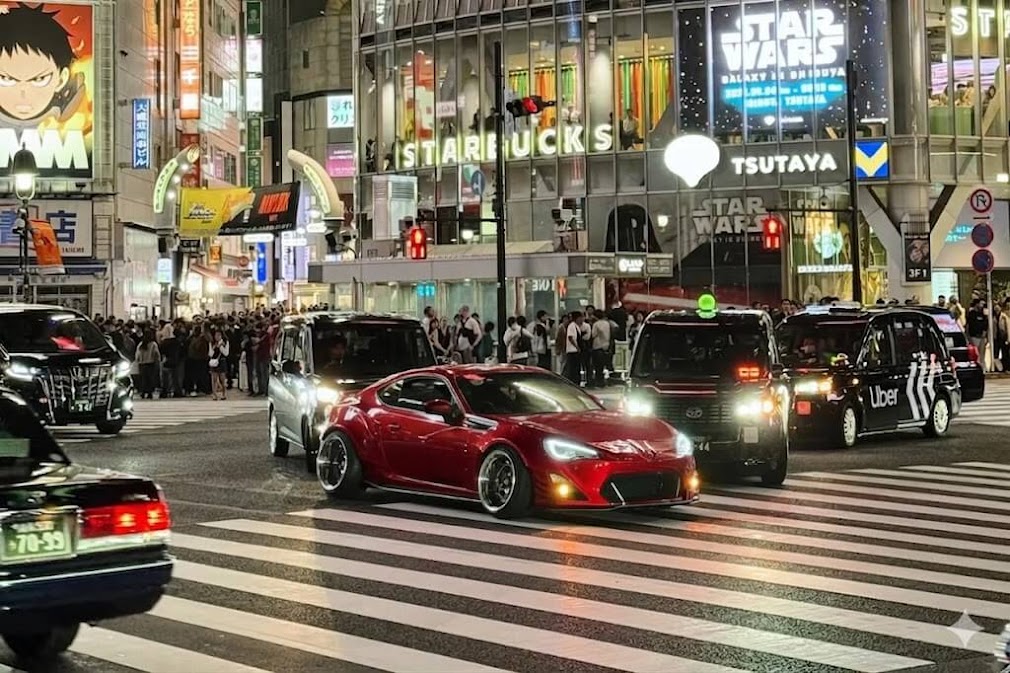 บรรยากาศยามค่ำคืนที่ จุดรวมตัวรถซิ่ง ใน Tokyo บริเวณห้าแยกชิบูย่า โดยมีรถสปอร์ตสีแดงแต่งซิ่งแบบ Widebody โดดเด่นท่ามกลางแสงสีของตึกและฝูงชน พร้อมรถแท็กซี่ Uber และป้าย STARBUCKS, TSUTAYA ที่คุ้นตา