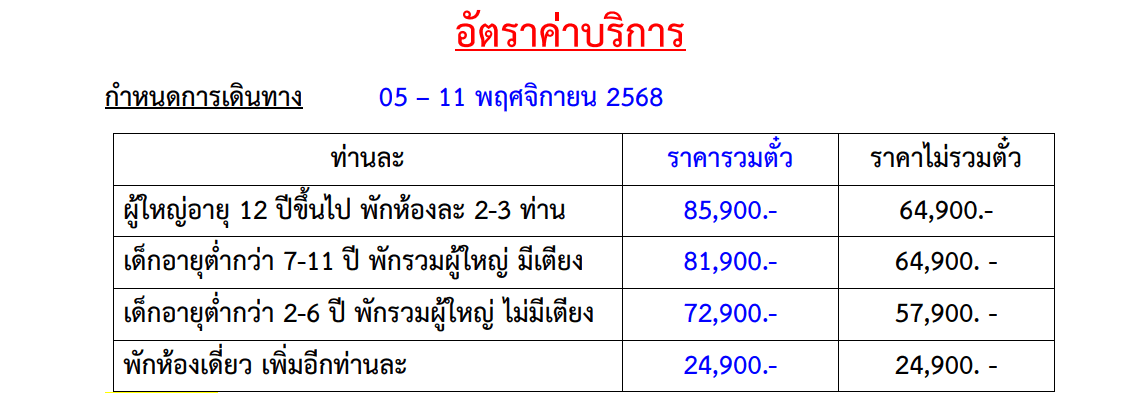 Tour price table
