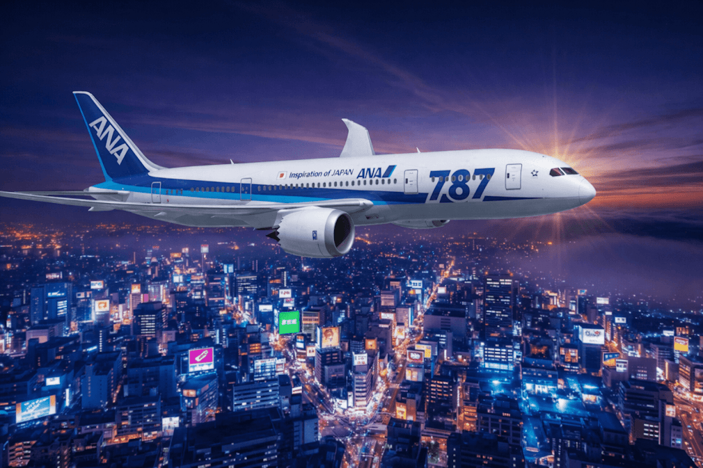 สายการบินของญี่ปุ่น All Nippon Airways (ANA) เครื่องบิน Boeing 787 Dreamliner กำลังบินเหนือเมืองใหญ่ของญี่ปุ่นในช่วงพระอาทิตย์ตก พร้อมแสงไฟเมืองยามค่ำคืนที่สวยงาม ✈️🇯🇵