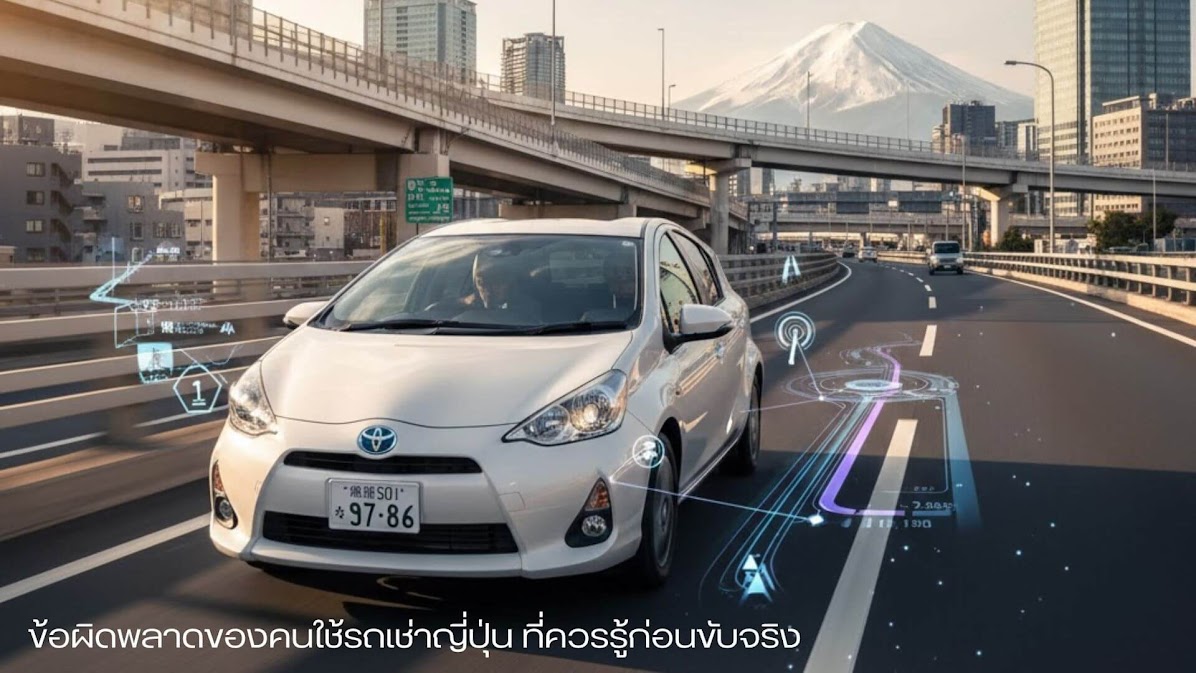 ข้อผิดพลาดของคนใช้ รถเช่าญี่ปุ่น ที่ควรรู้ก่อนขับจริง – รถเช่าสีขาวขับบนทางด่วนในญี่ปุ่น มีระบบนำทางแสดงเส้นทางดิจิทัล พร้อมวิวภูเขาไฟฟูจิและตึกเมืองด้านหลัง