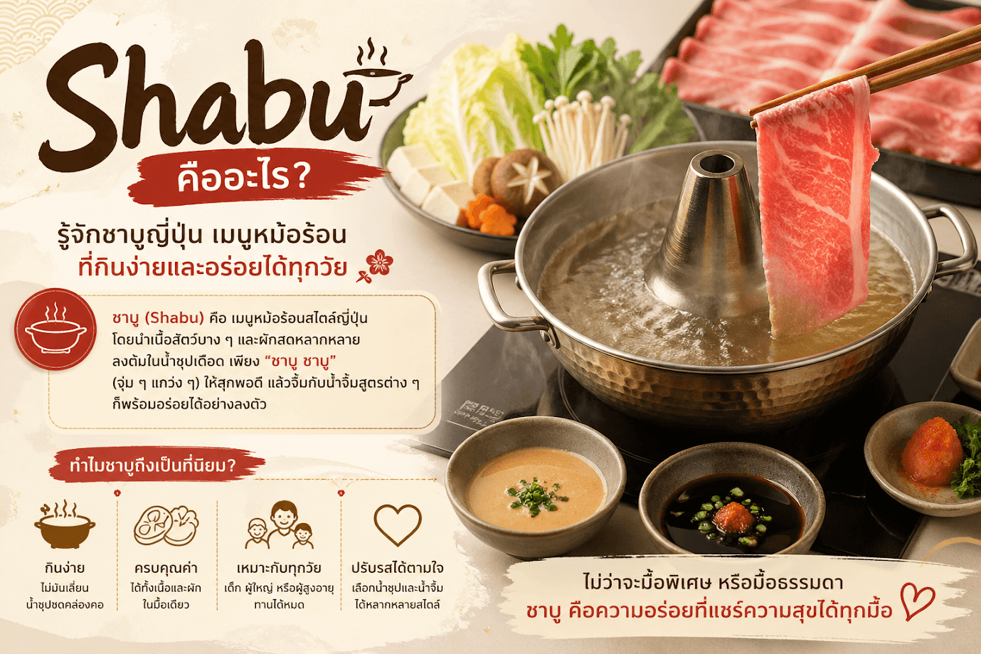 อินโฟกราฟิกอธิบาย shabu คืออะไร พร้อมแนะนำชาบูสไตล์ญี่ปุ่น เมนูหม้อร้อนยอดนิยมที่นำเนื้อสไลซ์บางและผักสดลงลวกในน้ำซุปเดือด เสิร์ฟพร้อมน้ำจิ้มพอนสึและซอสงา อธิบายจุดเด่นของชาบูว่าอร่อย กินง่าย ได้คุณค่า และเหมาะกับทุกวัย"