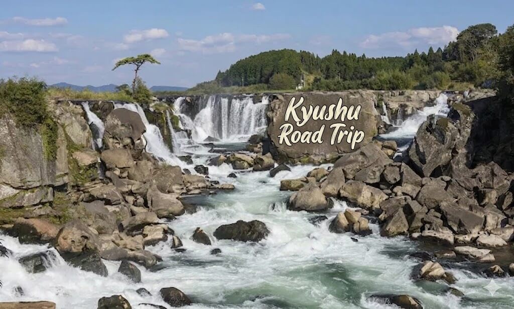 kyushu road trip น้ำตกสวยงามในคิวชู ไหลผ่านโขดหินท่ามกลางธรรมชาติสีเขียว มีป้ายตัวอักษร “Kyushu Road Trip” อยู่บนโขดหินกลางน้ำ บรรยากาศสดชื่นและเงียบสงบ เหมาะกับการท่องเที่ยวธรรมชาติ