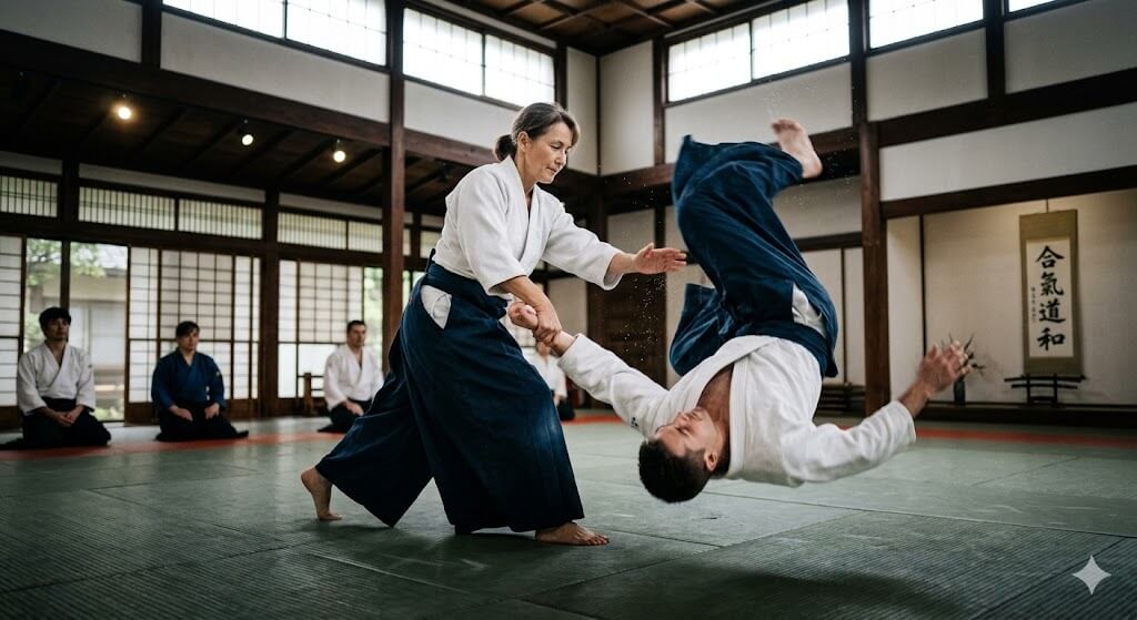การฝึก ศิลปะการต่อสู้ของญี่ปุ่น ไอคิโด (Aikido) ภายในโดโจแบบดั้งเดิม เผยให้เห็นเทคนิคการทุ่มอย่างสง่างาม โดยนักสู้หญิงเป็นผู้ควบคุมการล้มของนักสู้ชาย ท่ามกลางบรรยากาศการฝึกซ้อมที่เงียบสงบและการสังเกตการณ์ของผู้ฝึกคนอื่นๆ
