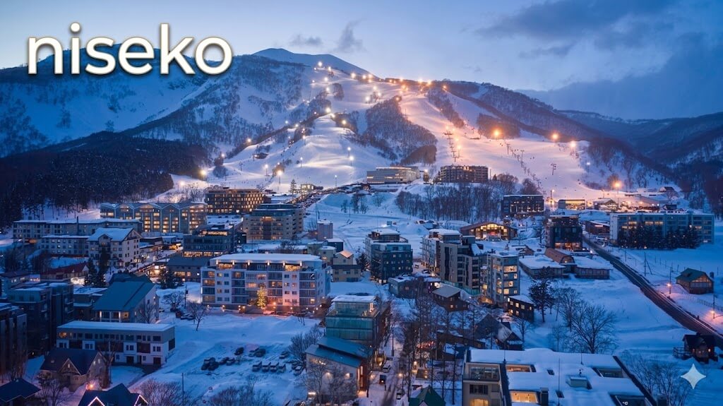 วิวเมือง Niseko ฮอกไกโดช่วงฤดูหนาว หิมะปกคลุมภูเขาและสกีรีสอร์ทยามค่ำคืน เหมาะสำหรับ hokkaido road trip