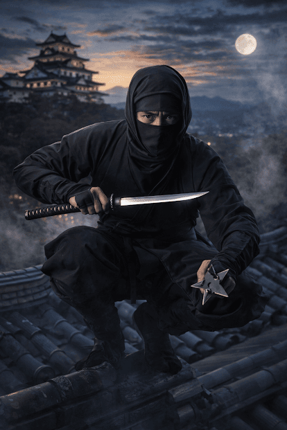 นินจาญี่ปุ่น สวมชุดดำกำลังหมอบบนหลังคา ถือดาบและดาวกระจาย shuriken โดยมีปราสาทญี่ปุ่นและพระจันทร์เต็มดวงเป็นฉากหลัง แสดงภาพนักรบลับในประวัติศาสตร์ของญี่ปุ่น