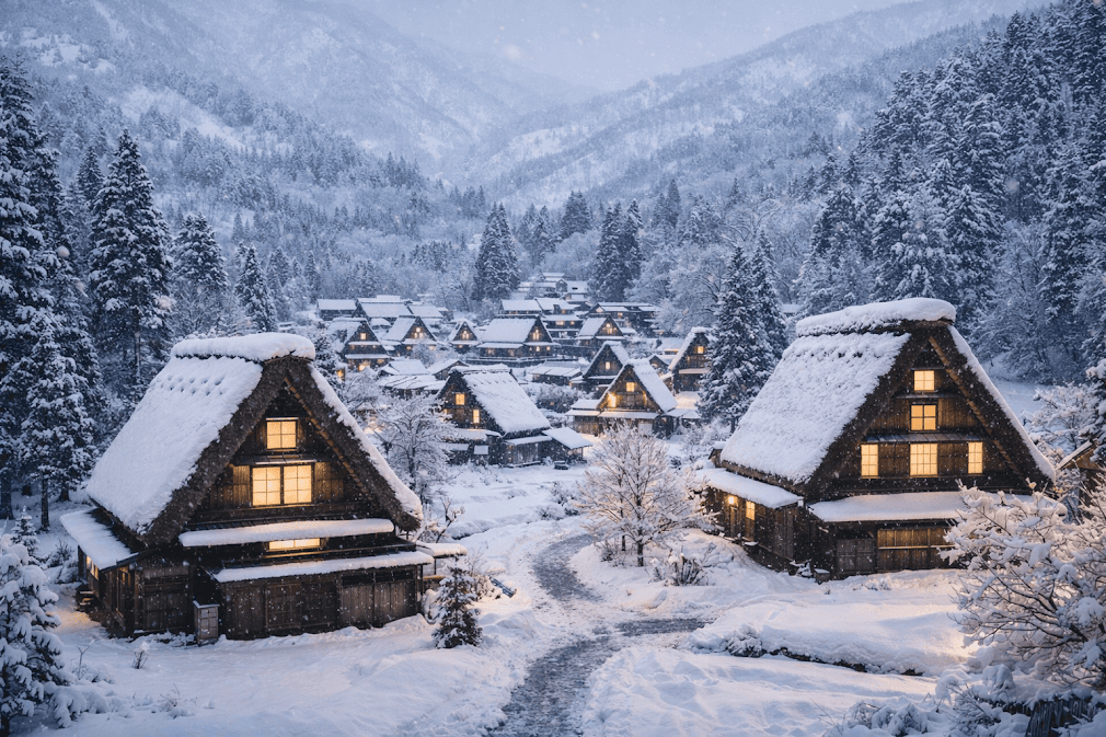 จุดถ่ายรูปญี่ปุ่นสำหรับคนขับรถเช่า หมู่บ้านมรดกโลก Shirakawa-go บ้านสไตล์กัชโชสึคุริท่ามกลางหิมะในฤดูหนาว บรรยากาศหมู่บ้านญี่ปุ่นโบราณท่ามกลางภูเขา