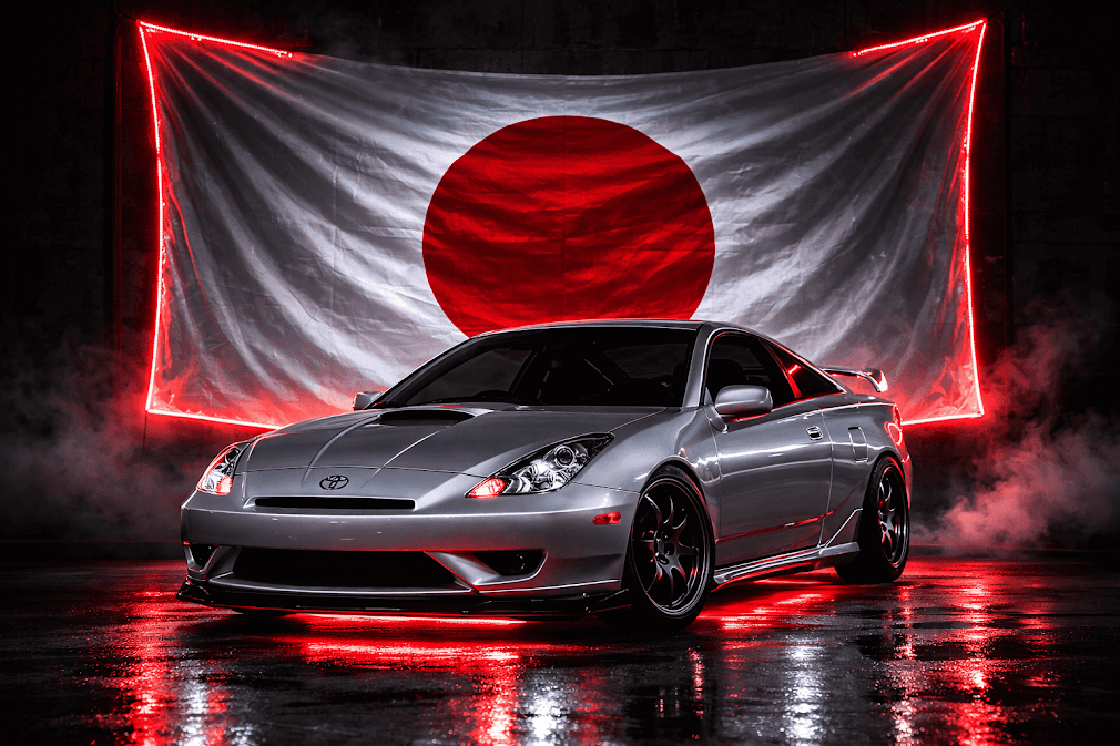Toyota Celica สีเงินแต่งสปอร์ตจอดหน้าธงชาติญี่ปุ่นขนาดใหญ่ ขอบธงเรืองแสงสีแดง มีควันและพื้นสะท้อนแสงโทนแดงสไตล์ดรามาติกในสตูดิโอกลางคืน
