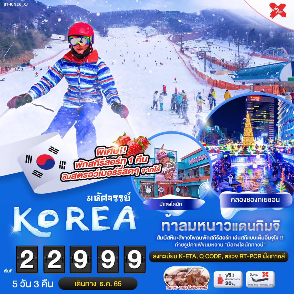 เที่ยวเกาหลีทั้งที ต้องทัวร์ท้าลมหนาว พักสกีรีสอร์ท เล่นสกีแบบจัดเต็ม เช็คอินคาเฟ่ขนมหวาน มัลตงโดนัททาวน์ คลองชองกเยชอน เมนูพิเศษปิ้งย่างเกาหลี