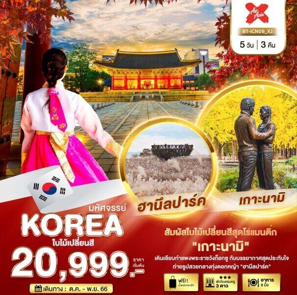 ทัวร์เกาหลี ใบไม้เปลี่ยนสี เกาะนามิ ฮานึลปาร์ค เอเวอร์แลนด์ โซลทาวเวอร์ ทำคิมบับ ช้อปปิ้งเมียงดง จัดเต็มอาหารเกาหลี พัก3ดาว บินตรงแอร์เอเซีย