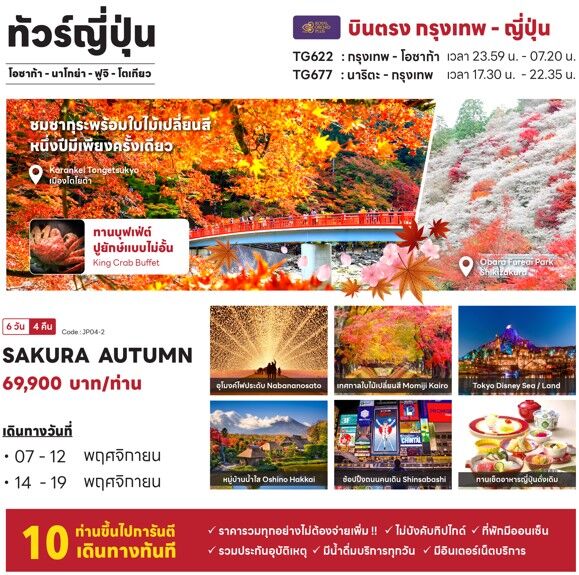 ทัวร์ญี่ปุ่นชมซากุระใบไม้เปลี่ยนสี1ปีมีครั้งเดียว อุโมงค์ไฟ หมู่บ้านน้ำใส ช้อปปิ้งจุใจ เซ็ทอาหารญี่ปุ่น ขาปูยักษ์ พักออนเซ็น บินตรงการบินไทย