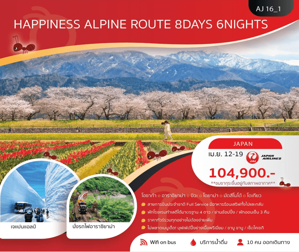 ทัวร์ญี่ปุ่น ALPINE ROUTE จัดเต็มครบทุกไฮไลท์ อาหารญี่ปุ่นเลิศรส พัก4ดาว ออนเซ็น 3 คืน บินตรง Full Service ราคารวมทุกอย่างไม่ต้องจ่ายเพิ่ม