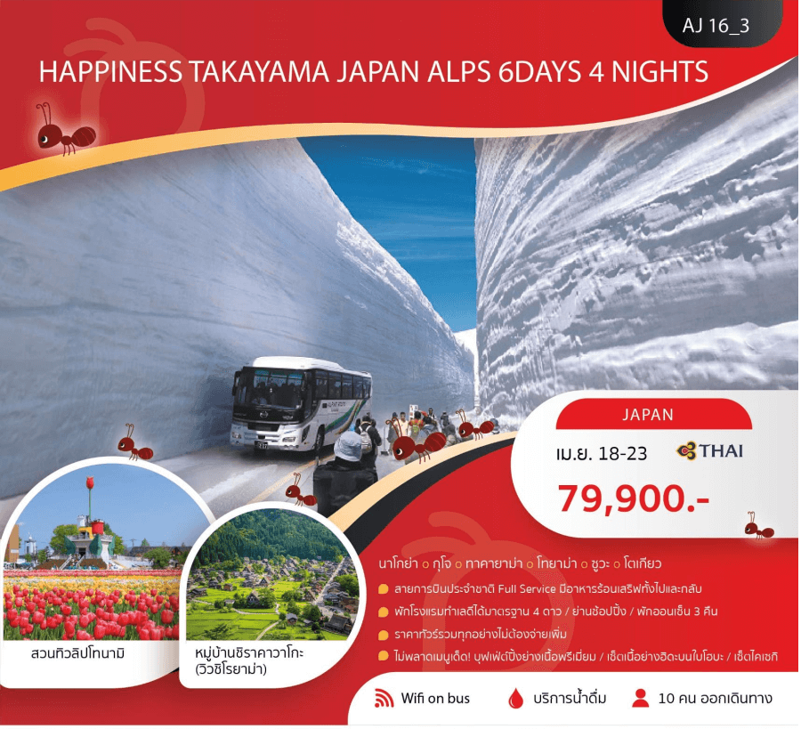ทัวร์ญี่ปุ่น TAKAYAMA JAPAN ALPS อาหารญี่ปุ่นพรีเมี่ยม พัก4ดาว ออนเซ็น 3 คืน บินตรงการบินไทย Full Service ราคารวมทุกอย่างไม่ต้องจ่ายเพิ่ม