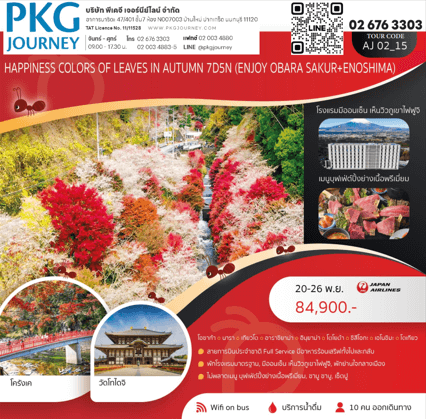 ทัวร์ญี่ปุ่น COLORS OF LEAVES IN AUTUMN ครบทุกไฮไลท์ ช้อปปิ้งจุใจ ปิ้งย่างเนื้อพรีเมี่ยม พัก4ดาววิวฟูจิ แช่ออนเซ็น 3 คืน บินตรง JAPAN AIRLINE