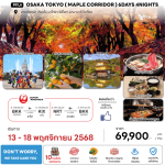 ทัวร์ญี่ปุ่น OSAKA TOKYO ชมใบไม้เปลี่ยนสีสุดโรแมนติก เสริฟมื้ออาหารสุดพิเศษ ที่พักทำเลดี4ดาว แช่ออนเซ็น1คืน บินตรง JAL FULL SERVICE