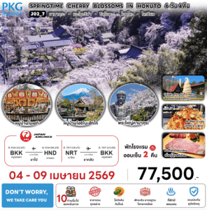 ทัวร์ญี่ปุ่น SPRINGTIME CHERRY BLOSSOMS IN HOKUTO บินตรง JL Full Service อาหารพรีเมี่ยม โรงแรม 4ดาว ออนเซ็น 2คืน Don't worry We take care you