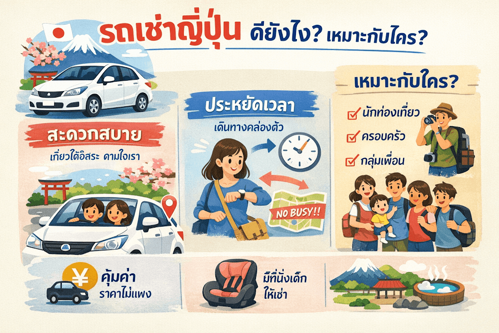 รถเช่าญี่ปุ่น ดียังไง เหมาะกับใคร? รวมข้อดีของการเช่ารถขับเที่ยวญี่ปุ่น ทั้งความสะดวก ประหยัดเวลา คุ้มค่า และเหมาะกับนักท่องเที่ยวแบบไหนบ้าง