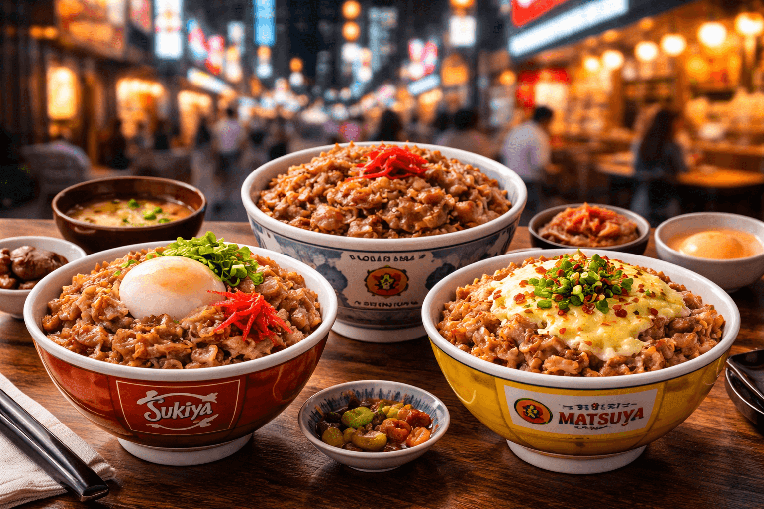 รวมร้านข้าวหน้าเนื้อญี่ปุ่นยอดนิยม เช่น Sukiya Yoshinoya และ Matsuya พร้อมแนะนำเมนู Gyudon และไอเดียเที่ยวญี่ปุ่นสายกิน