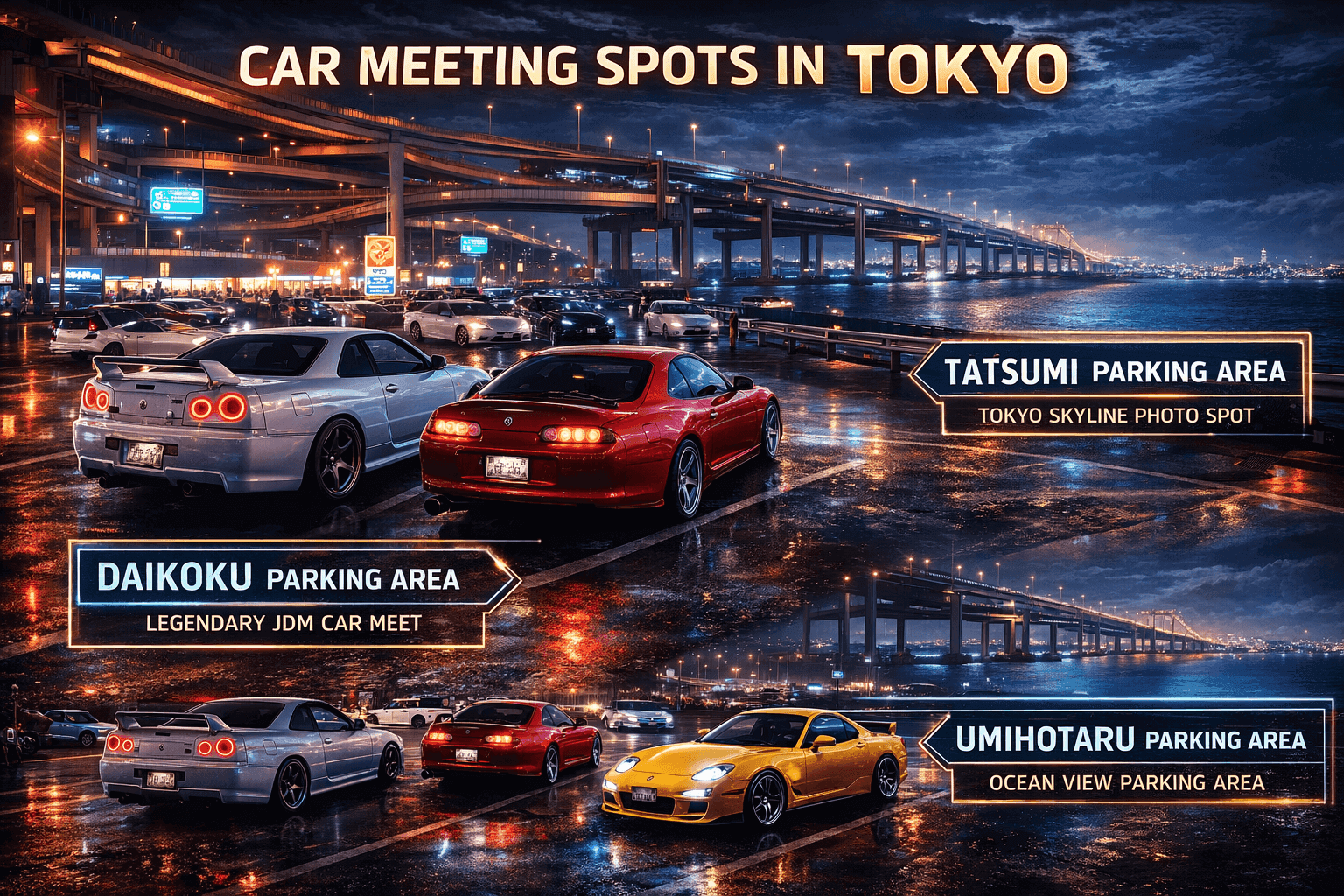 รวมพิกัดจุดรวมตัวรถซิ่งใน Tokyo เช่น Daikoku PA, Tatsumi และ Umihotaru พร้อมแนะนำที่เที่ยวสาย JDM และวิธีเดินทางแบบสะดวก