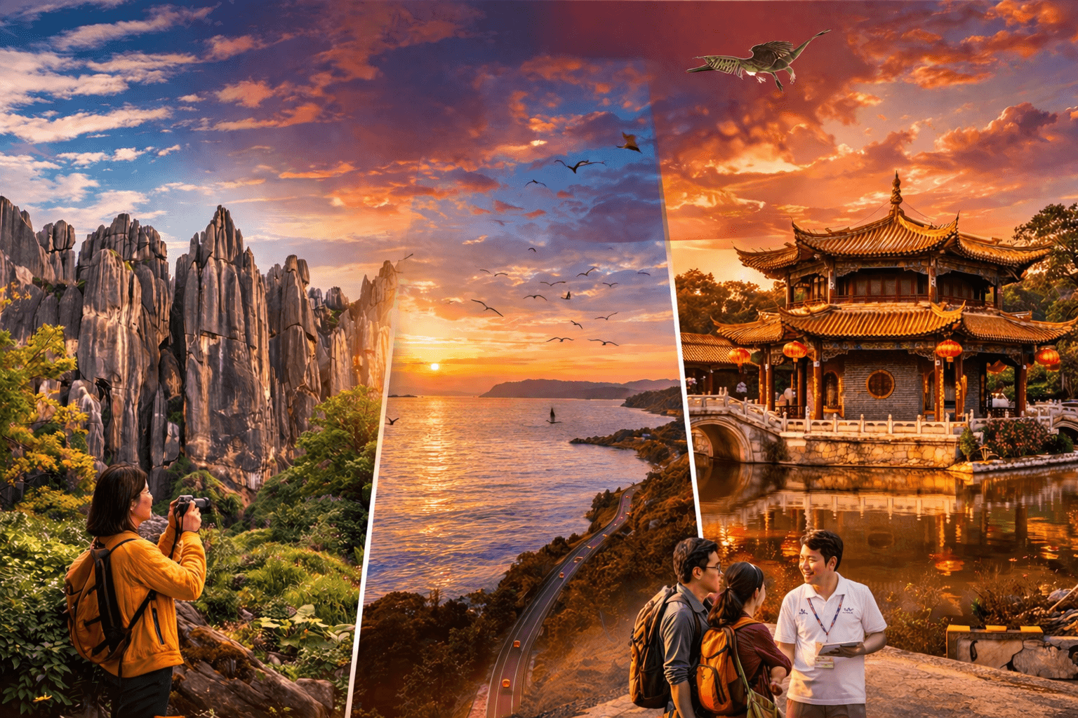 คุนหมิง (Kunming) ได้รับฉายาว่า "นครแห่งฤดูใบไม้ผลิ" (City of Eternal Spring) จากสภาพอากาศที่เย็นสบายตลอดปีและดอกไม้บานสะพรั่ง ที่เที่ยวไฮไลท์ภาษาอังกฤษ ได้แก่ Stone Forest (ป่าหิน), Dianchi Lake (ทะเลสาบเตียนฉือ), และ Green Lake Park (สวนสาธารณะชุ่ยหู)