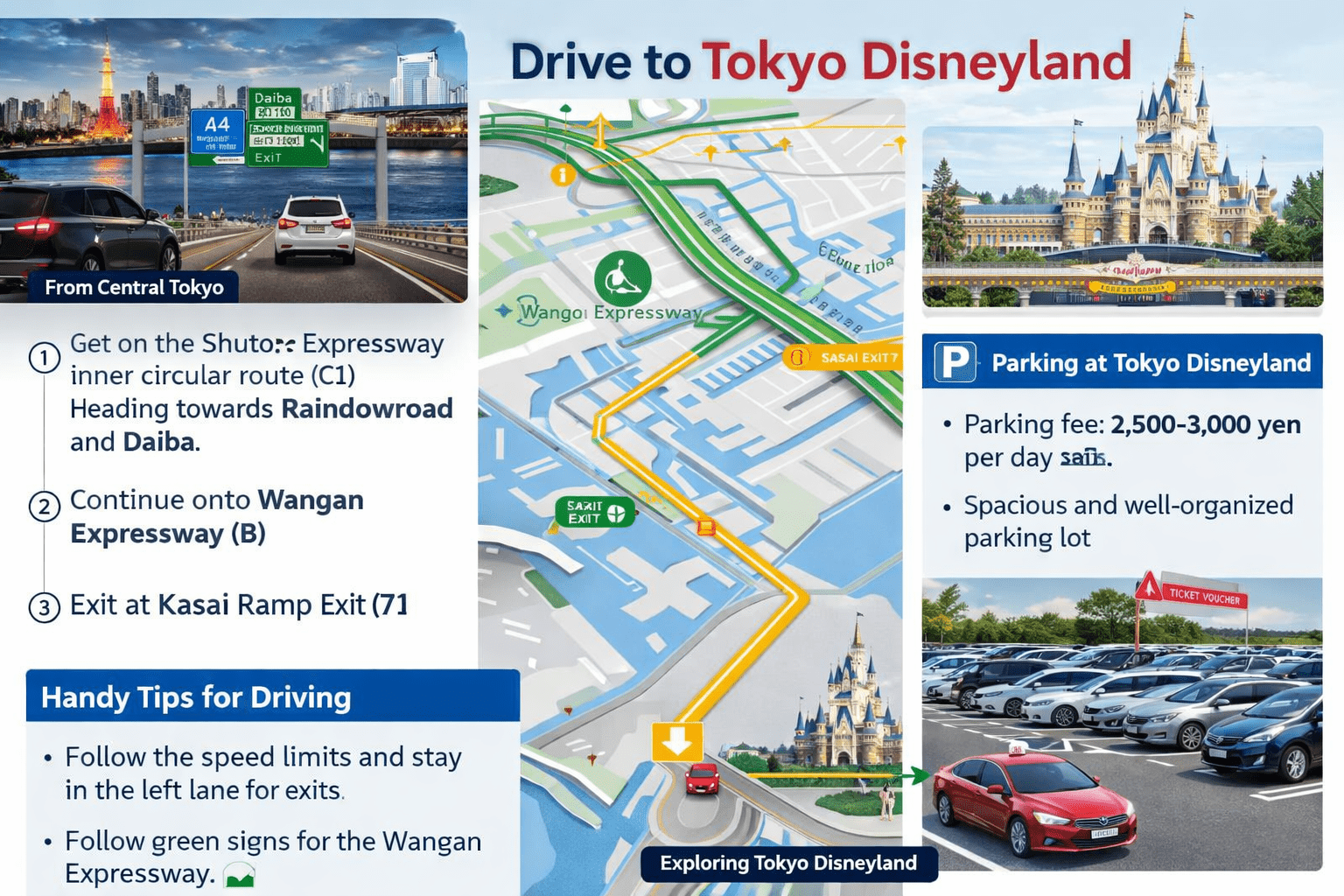 เส้นทางขับรถไป Tokyo Disneyland จาก Tokyo ใช้ทางด่วนสายหลัก ออก Urayasu พร้อมทริคขับรถและที่จอดรถ เหมาะสำหรับคนใช้รถเช่าญี่ปุ่น