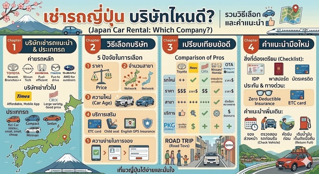 เช่ารถญี่ปุ่น บริษัทไหนดี? รวมวิธีเลือกให้คุ้ม เปรียบเทียบตัวเลือก พร้อมคำแนะนำมือใหม่ ขับเที่ยวญี่ปุ่นง่ายขึ้น มั่นใจทุกเส้นทาง