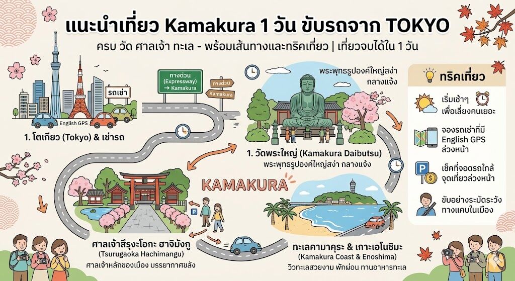 แนะนำเที่ยว Kamakura ด้วยรถเช่าญี่ปุ่น ขับรถจาก Tokyo แบบง่าย ๆ ครบทั้งวัด ศาลเจ้า และทะเล พร้อมเส้นทางและทริคเที่ยว เที่ยวจบได้ใน 1 วัน