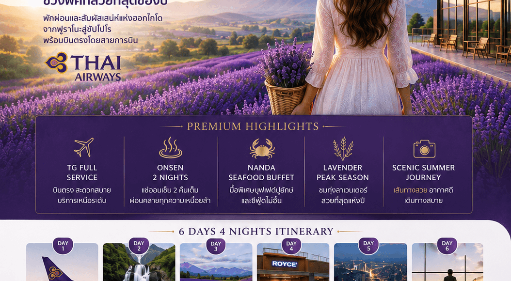 Premium Summer Journey ทัวร์ญี่ปุ่น HOKKAIDO LAVENDER PRESTIGE บินตรงการบินไทย Full Service อาหารพรีเมี่ยม ที่พัก4ดาวทำเลดี แช่ออนเซ็น2คืน