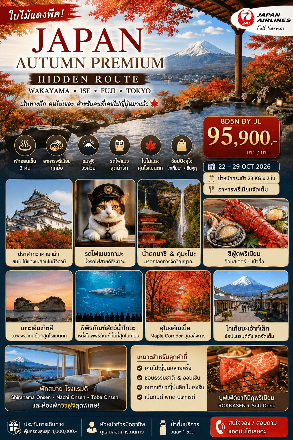 ทัวร์ญี่ปุ่นใบไม้เปลี่ยนสี ELEMENT OF FOOD WAKAYAMA TOKYO บินตรงเจแปนแอร์ไลน์ Full Service อาหารพรีเมี่ยม ที่พัก4ดาวทำเลดี แช่ออนเซ็น4คืนเต็ม