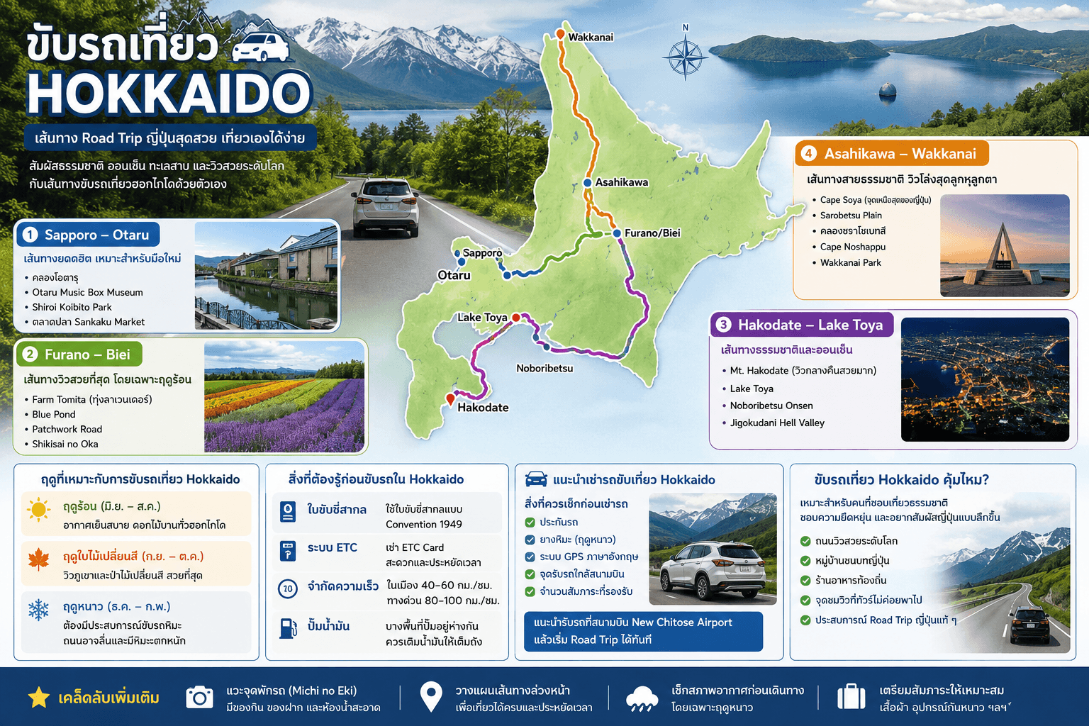 แนะนำเส้นทางขับรถเที่ยว Hokkaido แบบละเอียด รวมจุดเที่ยวชื่อดัง Road Trip ญี่ปุ่น วิวธรรมชาติ ออนเซ็น ทะเลสาบ และเคล็ดลับเช่ารถเที่ยวฮอกไกโดด้วยตัวเอง