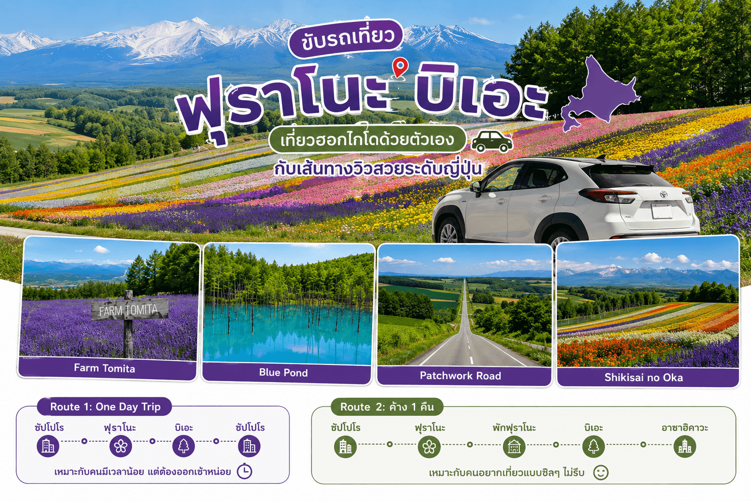 เช่ารถขับเที่ยวฟุราโนะ บิเอะ ชมวิวทุ่งดอกไม้ฮอกไกโด พร้อมเส้นทางขับรถเที่ยว Farm Tomita, Blue Pond, Patchwork Road และ Shikisai no Oka ท่ามกลางวิวภูเขาและธรรมชาติสวยระดับญี่ปุ่น